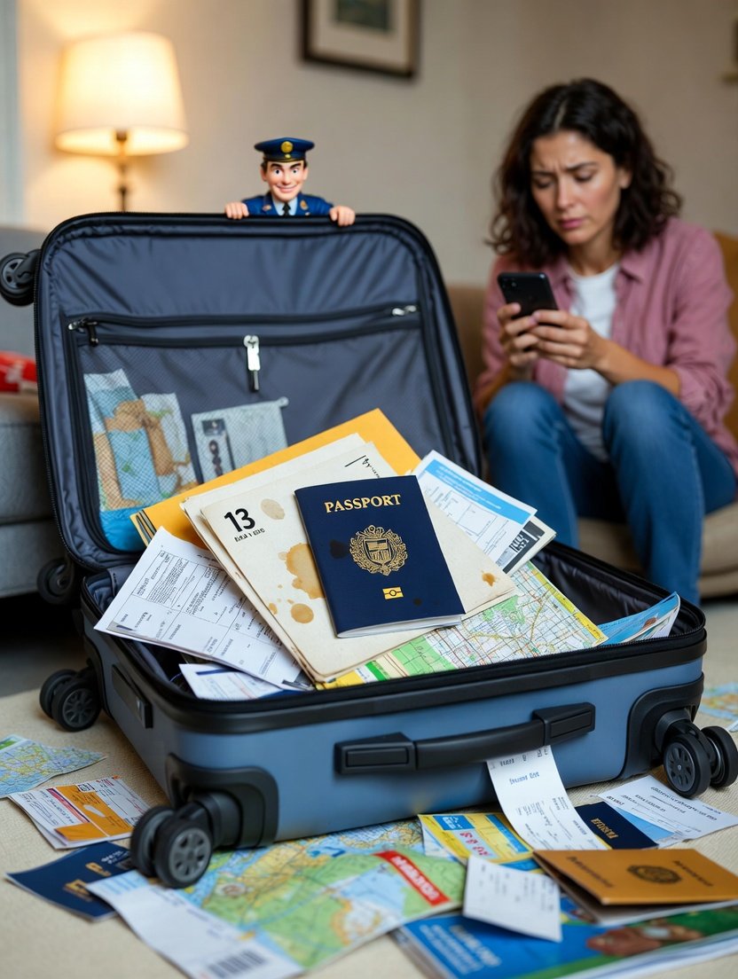 wildly cluttered kitchen table covered in ten different travel