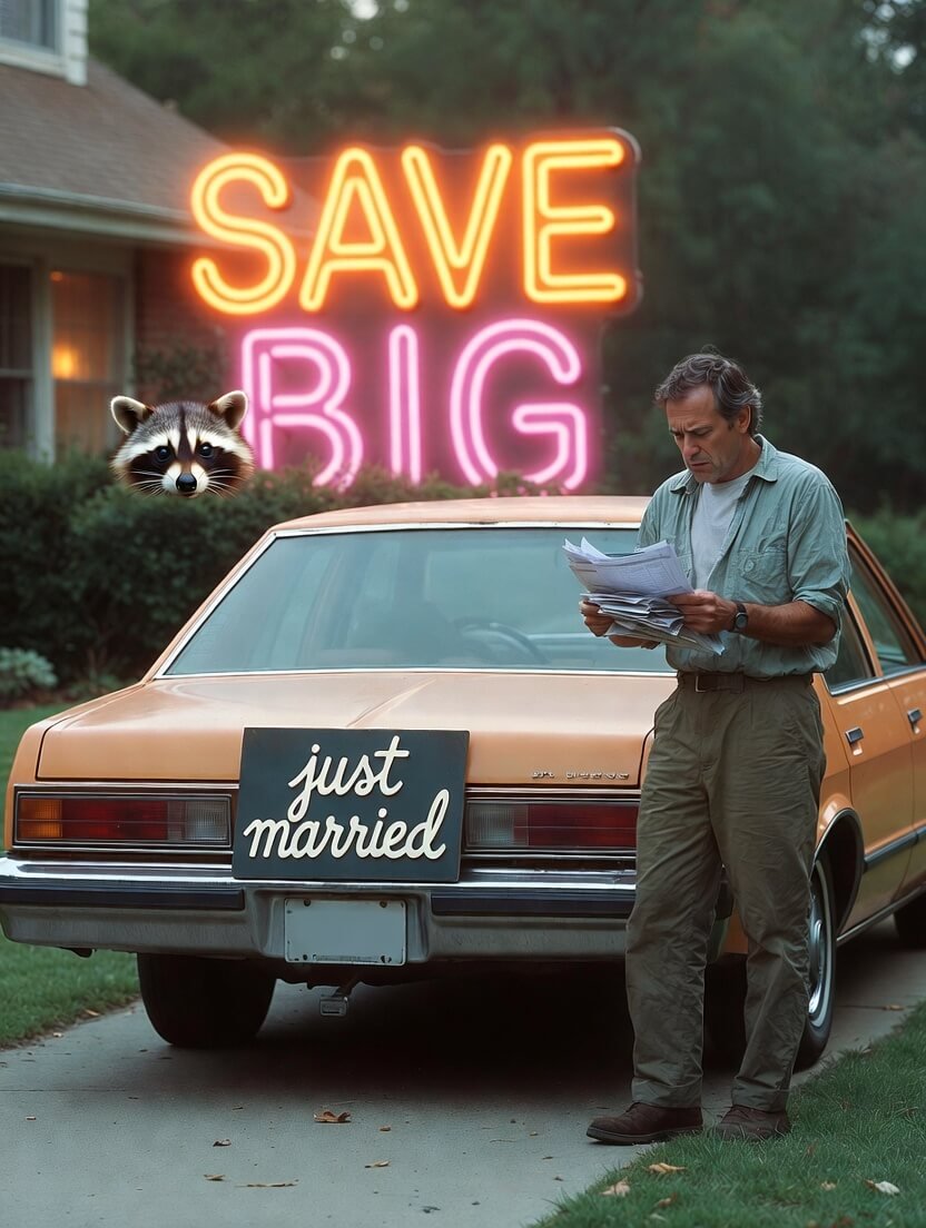 Raccoon on rusty Honda holding insurance card