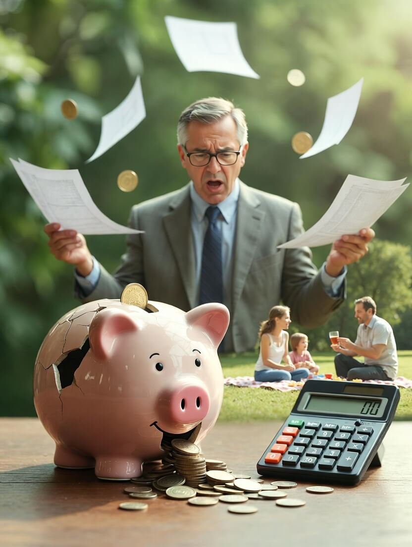 Panicked man with cracked piggy bank, grim reaper sipping latte