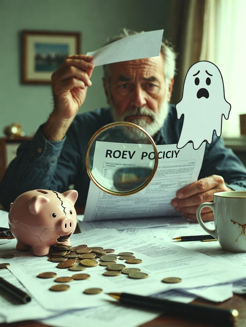 cracked piggy bank leaking quarters onto a soggy insurance