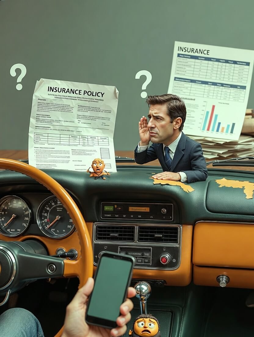 Cluttered car dashboard with gecko and insurance chaos