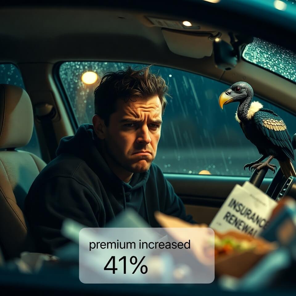 Frustrated driver in rainy car with 41% premium hike alert