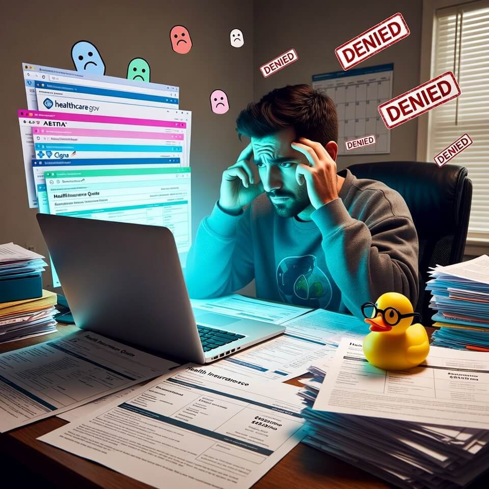 Stressed man at cluttered desk with denied stamps and rubber duck