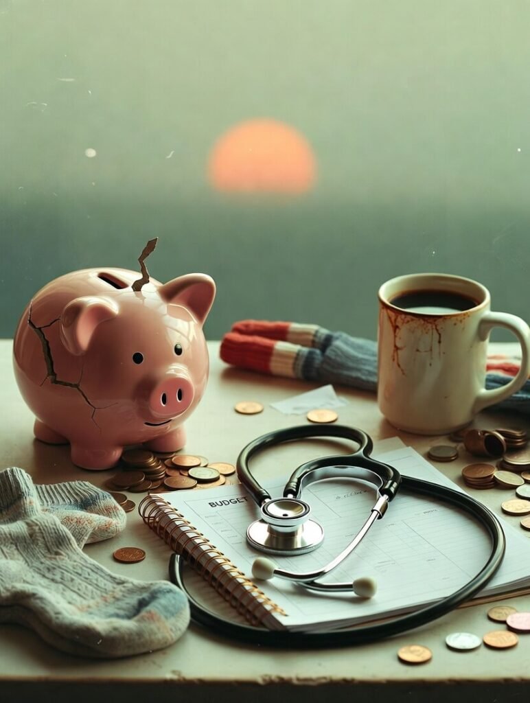 Cracked piggy bank, pizza, masked duck on cluttered desk at sunrise.