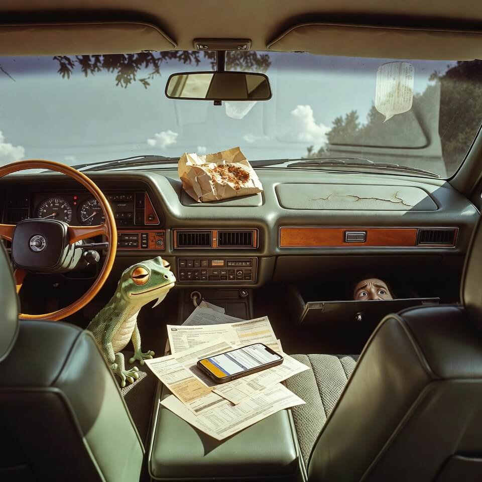 Cluttered car dashboard with gecko and insurance chaos