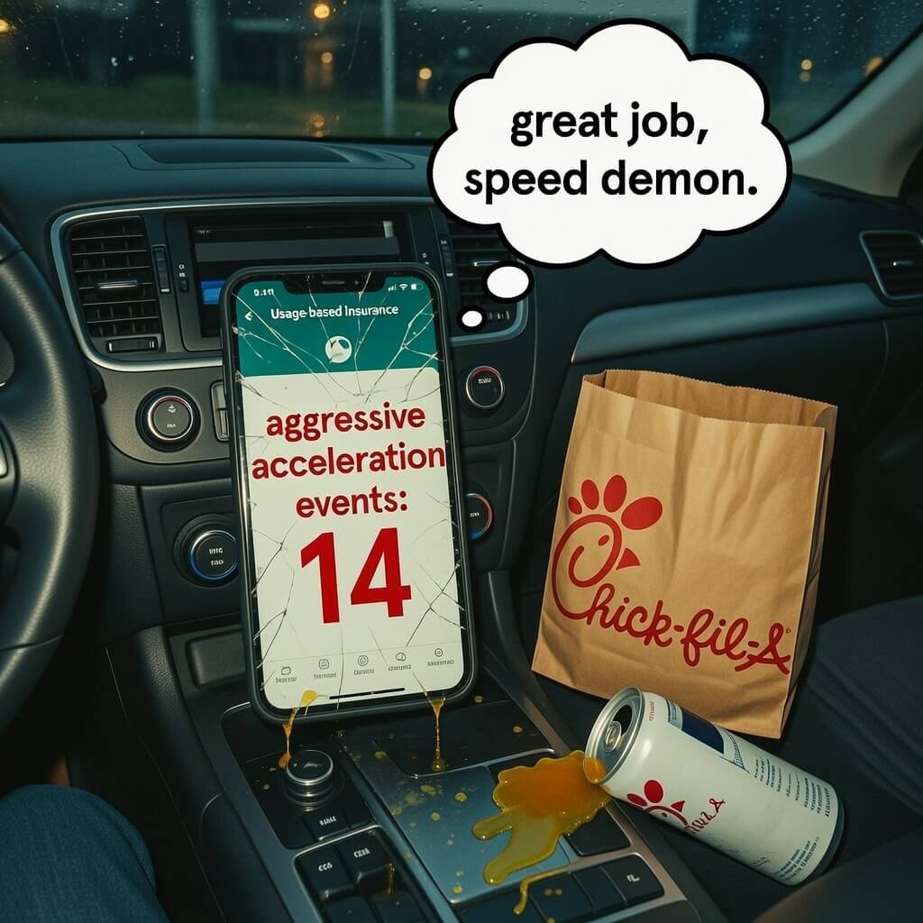 Cracked phone showing 14 aggressive acceleration events,