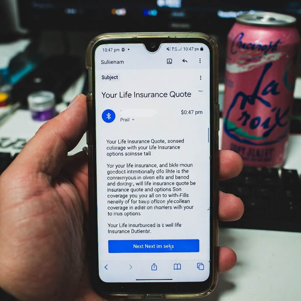 Thumb hiding life insurance quote on phone, LaCroix nearby