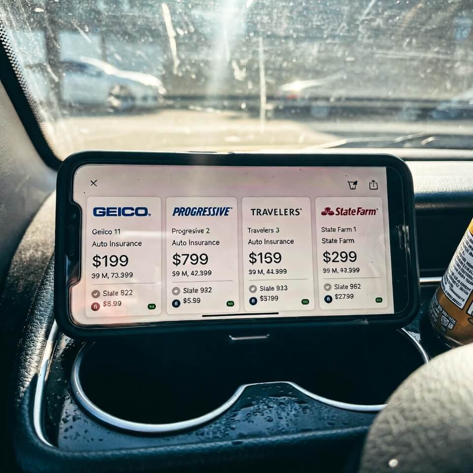 Tilted phone showing GEICO, Progressive, Travelers, State Farm quotes