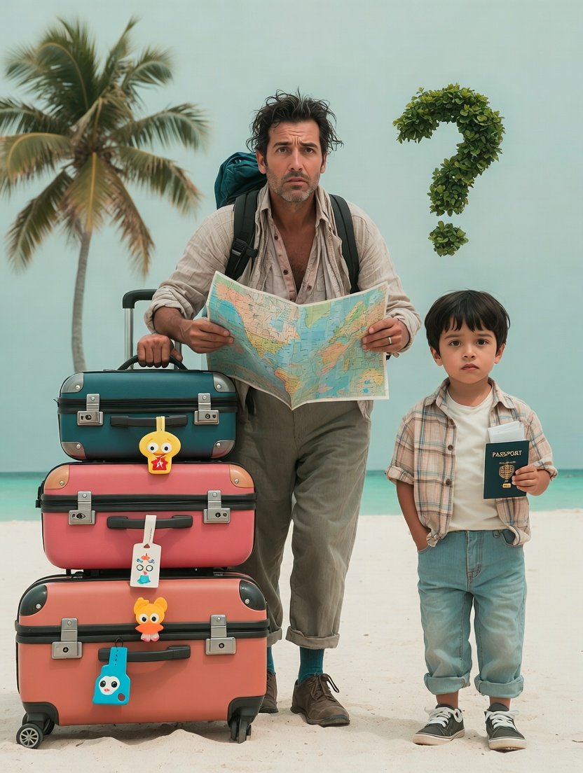 slightly panicked dad in flip-flops trying to read a crumpled travel