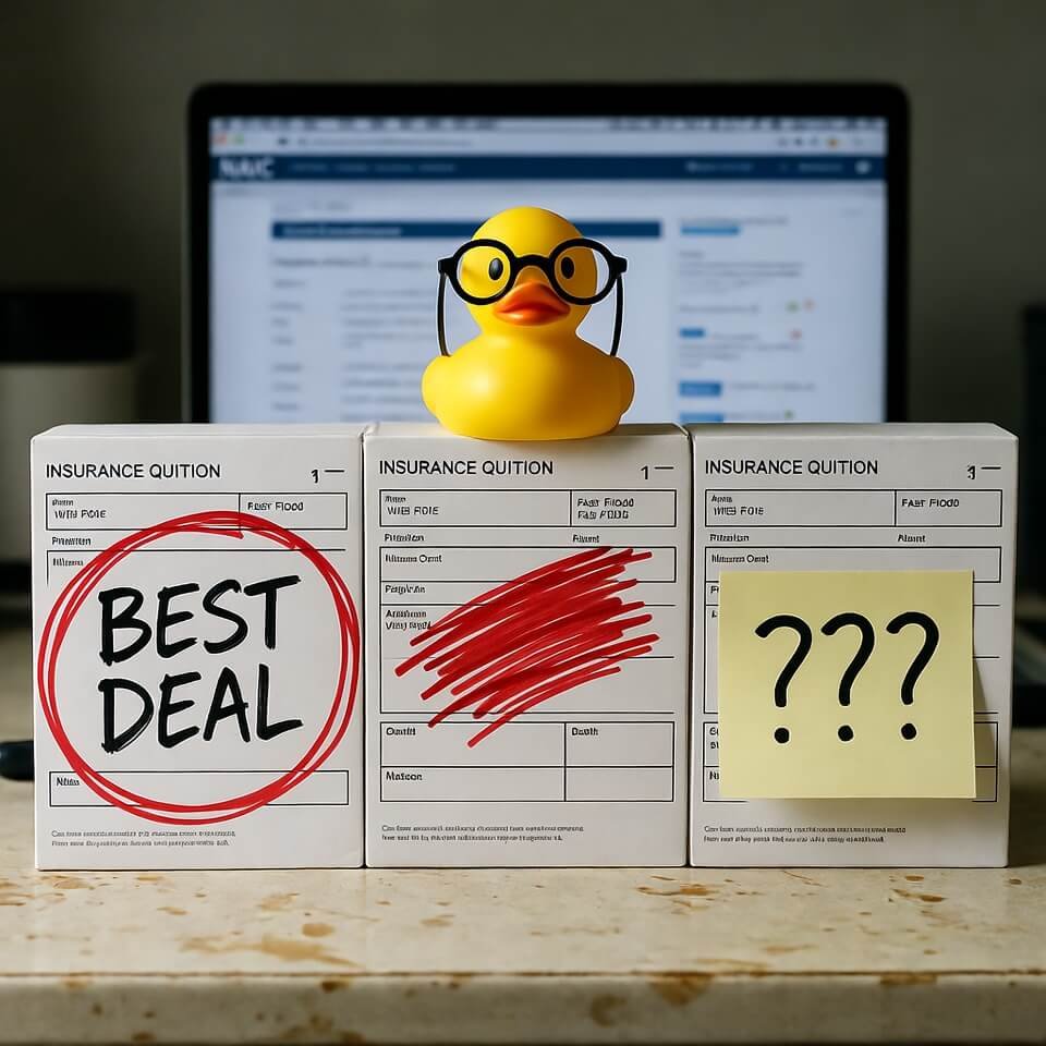 Insurance quotes on messy table with judging rubber duck