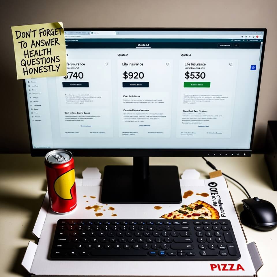 Pizza box desk with life insurance tabs and honesty note
