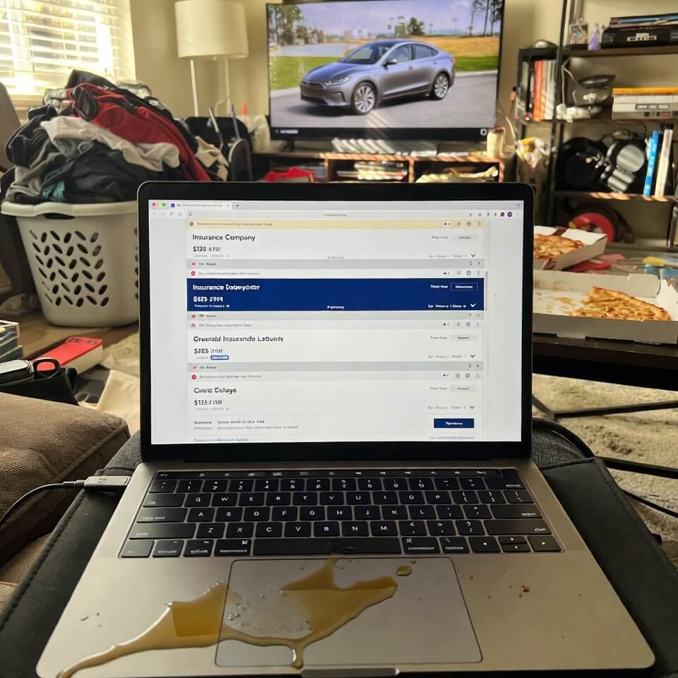 Spilled coffee on laptop with multiple insurance quote tabs