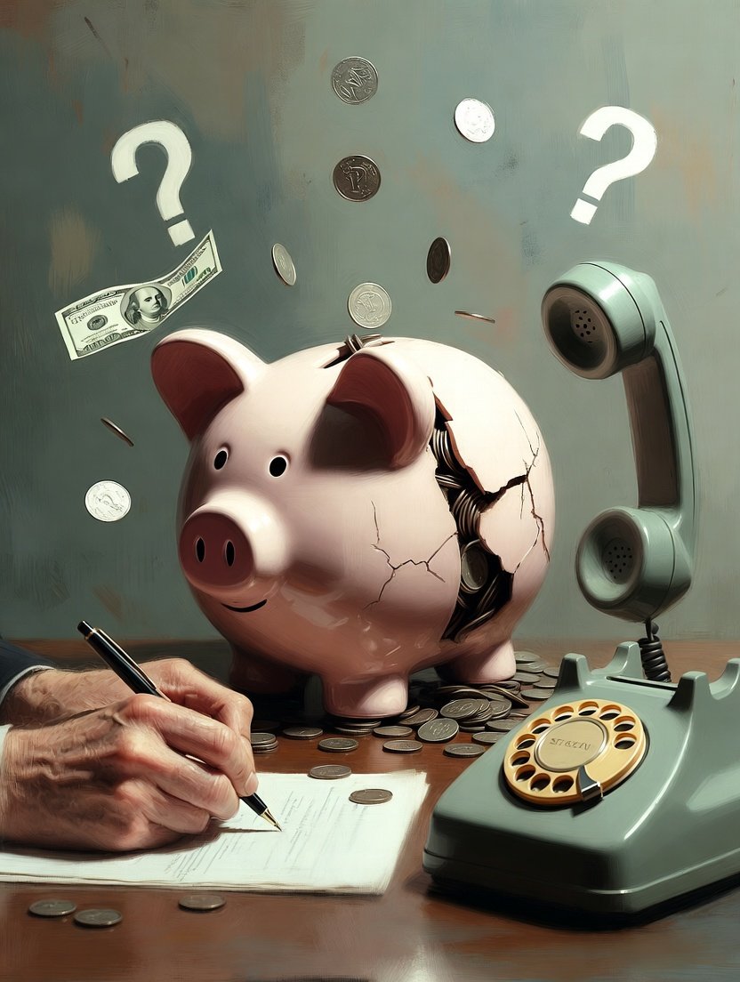 cracked piggy bank leaking gold coins onto a messy kitchen