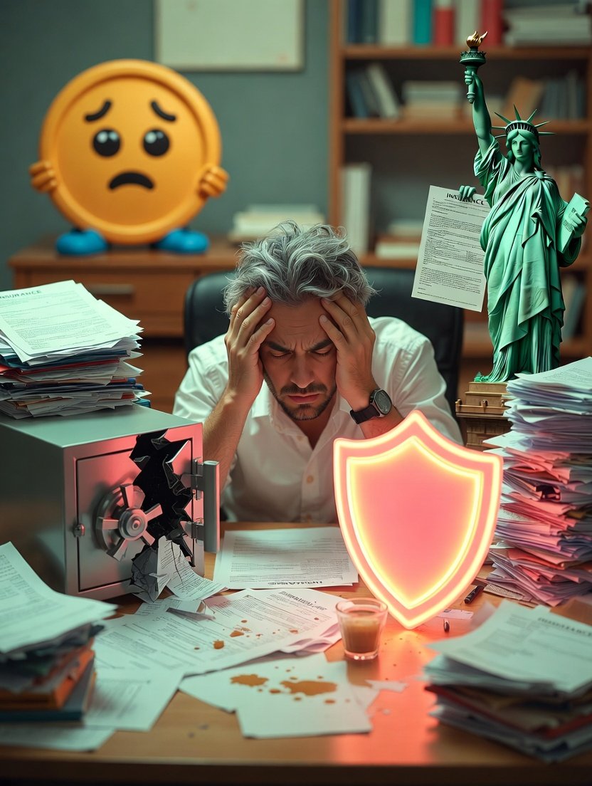 cracked open safe vomiting policy papers into a puddle